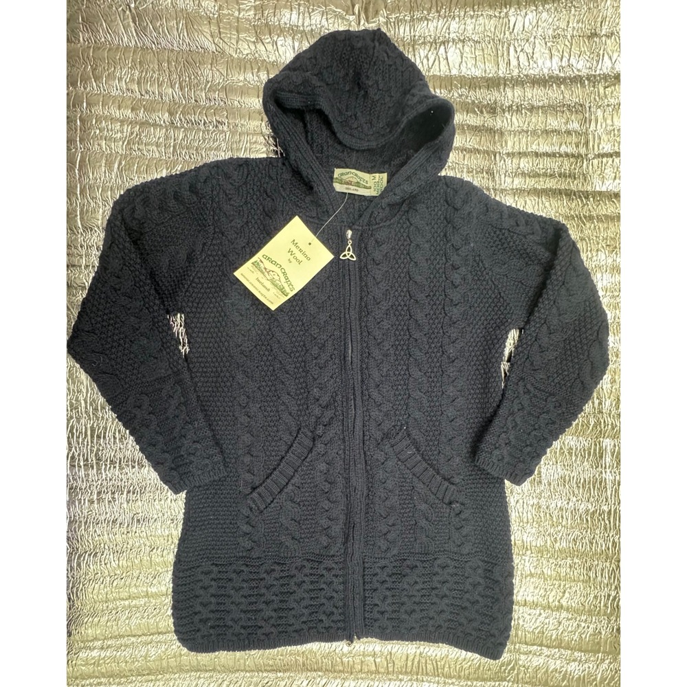 Aran Crafts Ireland Merino Wool Cable Knit Hooded Zip Cardigan Navy Blue Medium - Picture 1 of 7